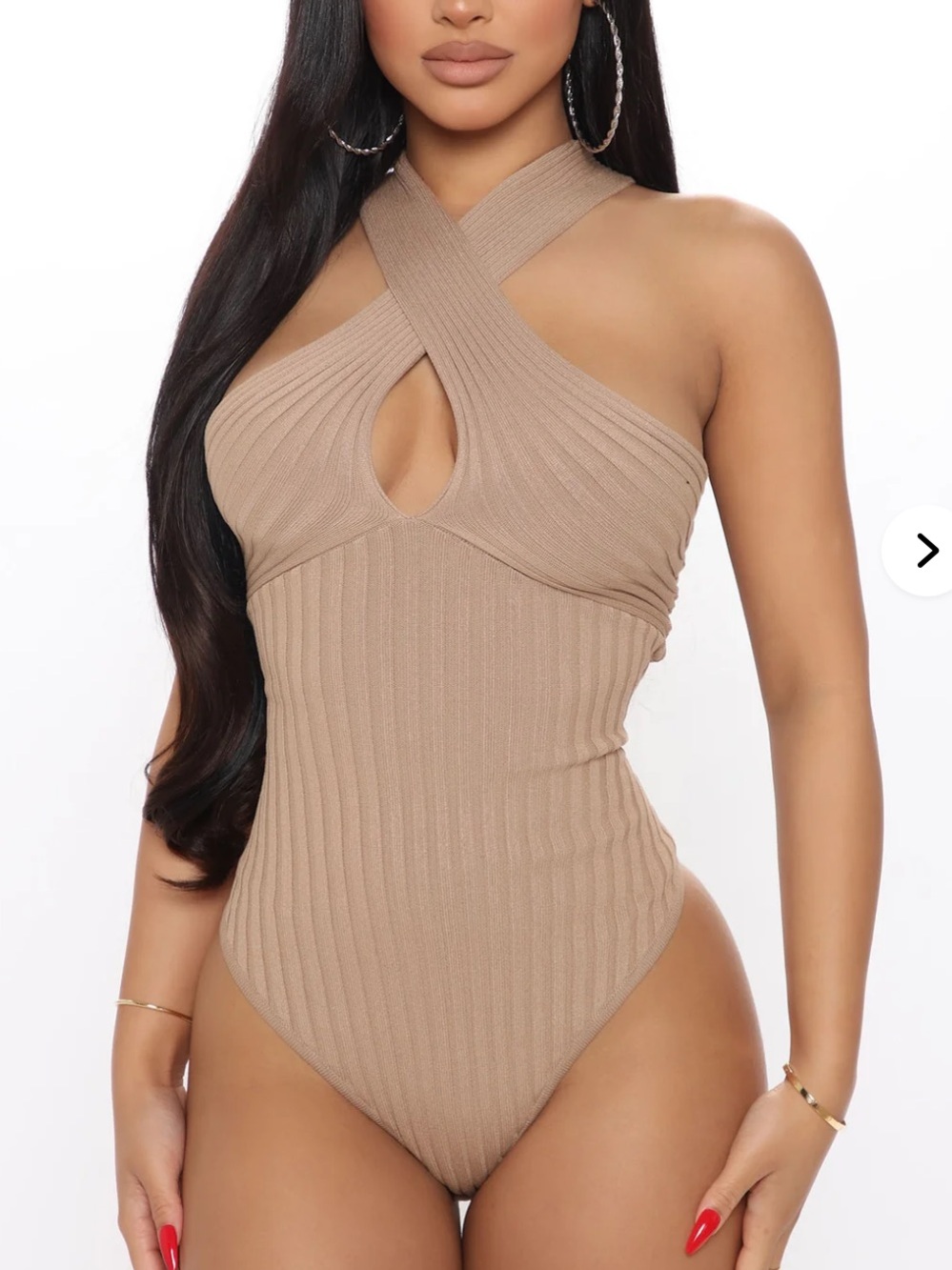 ✨Fashion Nova Ribbed Cross-Neck Halter Bodycon Bodysuit in Taupe Beige Small